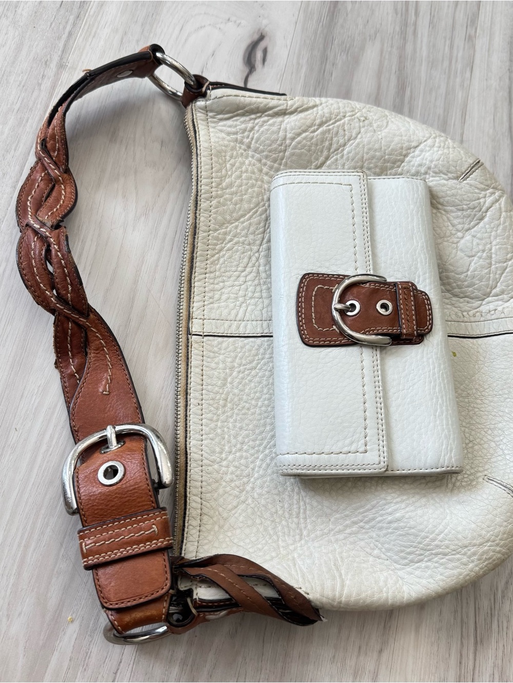 Women's White Coach Leather Hobo Bag with Brown Leather Braided Strap